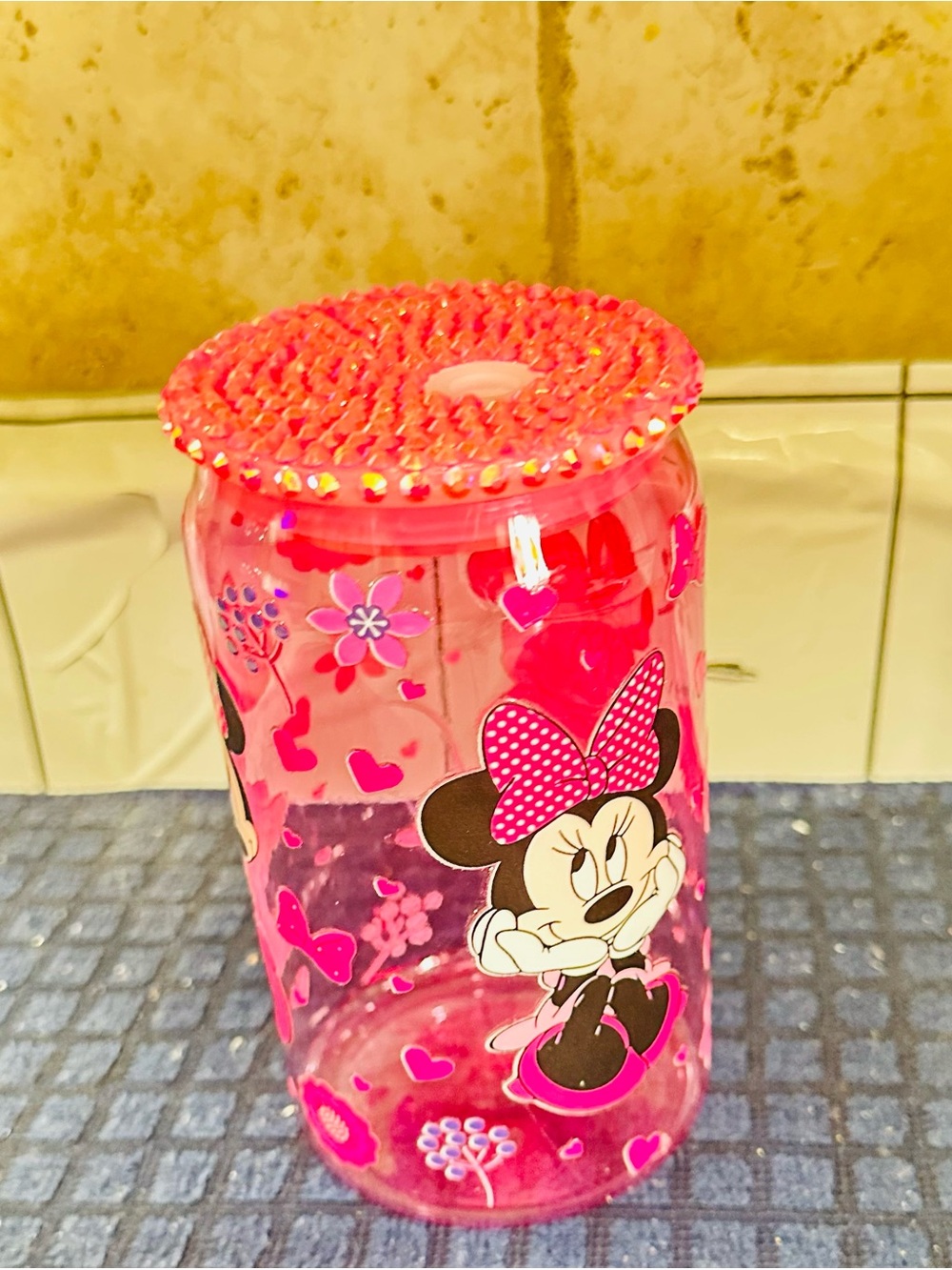 Disney Pink Minnie Mouse Decorative Glass Jar with Bow Accents